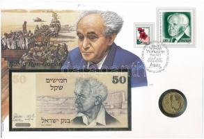 Izrael 1978. 50S bankjegy + 1985. 50S Al-bronz David Ben Gurion felbélyegzett borítékban, bélyegzéssel T:UNC  Israel 1978. 50 Sheqalim + 1985. 50 Sheqalim Al-bronze in envelope with stamp and cancellation C:UNC