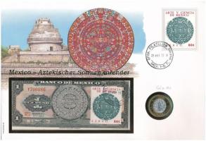 Mexikó Azték naptár érmés és bankjegyes, pecsételt boríték benne 1994. 10P érmével és 1969. 1P bélyeggel és pecsételt bankjeggyel T:UNC,AU