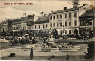 Eperjes, Presov; Rigutto L. Divalentini / tér, piac, Moskovits cipőgyár, Cattarino Sándor üzlete / square, market, shops (Rb)