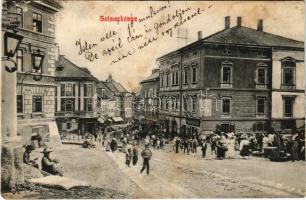 Selmecbánya, Banská Stiavnica; Deák Ferenc utca, Takáts Miklós üzlete, piac. Joerges A. kiadása 153. / street view, shops, market (vágott / cut)