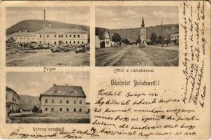 1904 Pelsőc, Pelsőcz, Pelsücz, Plesivec (Gömör); Korona szálloda és vendéglő, Faipar, Fő tér a városházzal / hotel and restaurant, lumber yard, sawmill, main square, town hall (EB)