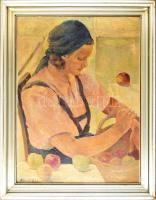 Tihanyi János Lajos (1892-1957): Hölgy almákkal, olaj, vászon, jelzett. Dekoratív fakeretben, 80x60 cm