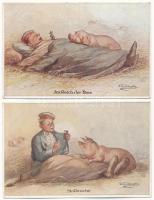 2 db régi német katonai művészlap malaccal, W. Fialkowska szignóval / 2 pre-1945 German military art postcards with pig, signed by W. Fialkowska