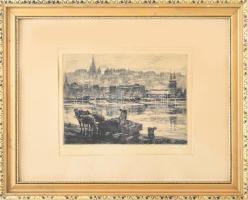 Csáki-Maronyák József (1910-2002):: Dunapart. Rézkarc, papír, jelzett, üvegezett keretben 16x22 cm