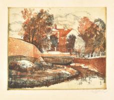 Feledy Gyula (1928-2010): Patak. Színes rézkarc, papír, Jelzett, paszpartuban 28x23 cm