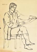 Hézső Ferenc (1938-):Rajzoló. TUs, papír, Jelzett, 42x30 cm