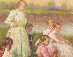 Jelzés nélkül: Lányok virágok közt. Olaj, karton. Apró felületi sérülésekkel. Dekoratív fakeretben. ...