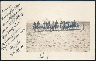 cca 1914 S.M.S. Babenberg osztrák-magyar hadihajó egyiptomi útján készült fotó a matrozók a piramisokkal Fotólap / S.M.S. Babenberg was in Alexandria from March 21 to April 11,1906, and in Beirut from April 14 to April 24, 19096. A group of donkey-riding Europeans, including the sender (who was obviously an officer), pose in front of the Giza pyramids Black-and-white privately made photo postcard