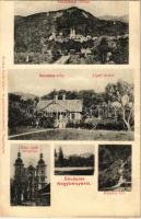 1908 Nagybánya, Baia Mare; Felsőbánya látképe, Kosutány villa és liget, Római katolikus templom, Bányász ház. Kovács Gyula kiadása / Baia Sprie, villa and park, church, mining house + &quot;NAGY-BÁNYA - SZATMÁR 111. SZ.&quot; vasúti mozgóposta bélyegző