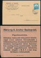 1931 Herzog A. Andor bor, pálinka, cognac, likőr, rum és tea nagyban Üzleti levél és 1db piros Figyelmeztető ragaszték Vasúti, MÁV kárbejelentéssel kapcsolatosan