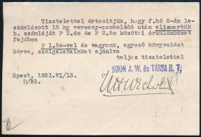 1931 Boon J. W. és Tsa R.T. Cacaó és Csokoládégyár, Budapest Levelező-lap, üzleti levél pecsét, aláí...