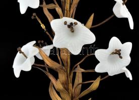 Aranyozott fém álló virág asztaldísz. Francia, cca 1900, fém, aranyozott fém, tejüveg szirmokkal, ez...