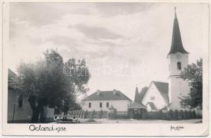 1940 Oklánd, Homoródoklánd, Ocland; Unitárius templom / Unitarian church. Foto Pluhár (Odorheiu) photo + &quot;M. kir. &quot;Báthori István&quot; 7. honvéd kerékpáros zászlóalj parancsnokság&quot; (EK)