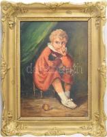 Mesterházy Dénes (1900-1949 körül): Kisgyerek babával és labdával. Olaj, karton, jelzett. Dekoratív, kissé sérült fakeretben, 34,5×24,5 cm