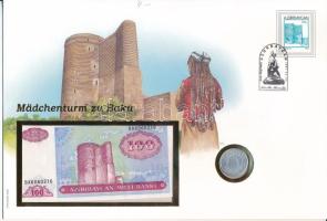 Azerbajdzsán 1993. 100M bankjegy + 50q Al borítékban, bélyeggel és bélyegzéssel T:UNC,XF Azerbaijan 1993. 100 Manat banknote + 50 Qepik Al in envelope with stamp and cancellation C:UNC,XF