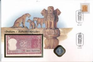 India ND (1985-1990) 2R A + 1989. 50p Al borítékban, bélyeggel és bélyegzéssel T:UNC,AU India DN (1985-1990) 2 Rupee A + 1989. 50 Paise Al in envelope with stamp and cancellation C:UNC,AU