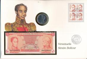 Venezuela 1989. 5B + 5B Ni-acél borítékban, bélyeggel és bélyegzéssel T:UNC,AU  Venezuela 1989. 5 Bolivares + 5 Bolivares Ni-Steel in envelope with stamp and cancellation C:UNC,AU