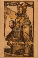 Vertraut uns zeichnet Kriegsanleihe / WWI German military art postcard, pilot, patriotic war loan propaganda s: Professor Fritz Erler (EK)