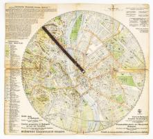 cca 1930-1940 Guide Map of Budapest for English Travellers / Budapest idegenvezető térképe, az utcák és nevezetességek jegyzékével, forgatható mutatóval, többnyelvű használati útmutatóval és jelmagyarázattal. Bp., M. Kir. Állami Térképészet. Kissé viseltes állapotban, a hajtások mentén szakadásokkal, 40x37 cm