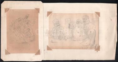 Benyovszky István (1898-1969): 2 db huszárokat ábrázoló grafika. Ceruza, papír, jelzett 12x16 cm