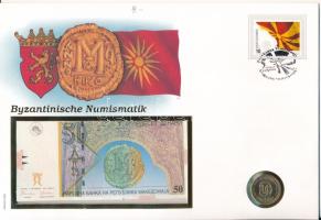 Macedónia 1996. 50D bankjegy + 2000. 1D Ni-sárgaréz Kereszténység borítékban, bélyeggel és bélyegzéssel T:UNC,AU érmén patina  Macedonia 1996. 50 Denari banknote + 2000. 1 Denar Ni-brass Christianity in envelope with stamp and cancellation C:UNC,AU patina on the coin