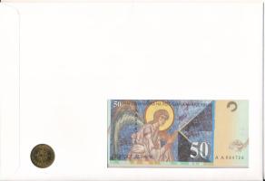 Macedónia 1996. 50D bankjegy + 2000. 1D Ni-sárgaréz "Kereszténység" borítékban, bélyeggel ...