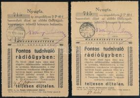 1934-1935 2 db nyugta rádióhasználati díj befizetéséről, Tungsram reklámokkal