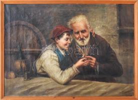 Raffaele Frigerio (1875-1948): Pipázó nagypapa az unokával. Olaj, vászon, jelezve jobbra fent. Javított. Apró sérüléssel. Fakeretben. 50x70 cm