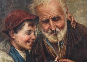 Raffaele Frigerio (1875-1948): Pipázó nagypapa az unokával. Olaj, vászon, jelezve jobbra fent. Javít...