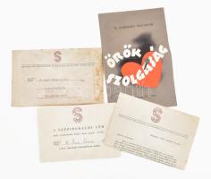 1937 A Szépirodalmi Céh reklámanyaga: tagsági meghívó / jelentkezőlap, kísérőlevél, ill. W. Somerset Maugham Örök szolgaság c. regényének ismertetője (Nemes György grafikájával), eredeti borítékkal