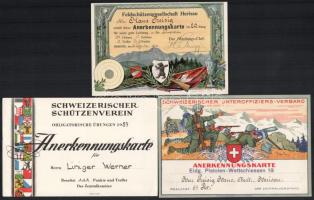 1914-1968 Herisau, 5 db díszes spoprtlövészverseny elismerési kártya (Anerkennungskarte) svájci szervezetektől (Schweizerrischer Schützverein (2 db), Feldschützgesellschaft Herisau (2 db), Schweizerischer Unteroffiziers-Verband.)