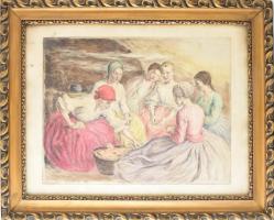 Révész Imre (1859-1945): Kukoricahántás. Színezett rézkarc, papír, jelzett. Lap széle kissé foltos. Dekoratív, üvegezett, kissé sérült fakeretben, 38×49 cm