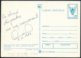 Dumitru Prunariu (1952-) román űrhajós aláírása az őt ábrázoló képeslapon