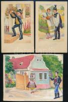 Nemes Mihály (1846-1945): Csallóközi népviselet, vegyes technika, papír, jelzett, 12,5×16 cm + 2 db által tervezett képeslap