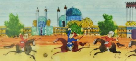 Marokkói festett csontkép, csontberakásos üvegezett keretben, jó állapotban, 5x19 cm, kerettel 14,5x...