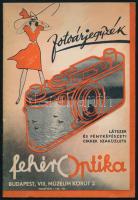 cca 1930-1940 Fehér Optika fotóárjegyzék. Bp., Tolnai-ny., 64 p. Fekete-fehér képekkel illusztrált. Kiadói tűzött papírkötés, nagyrészt jó állapotban.