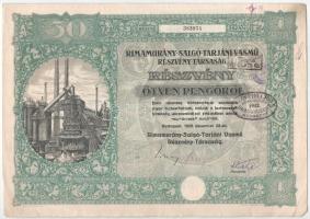 Budapest 1925. Rimamurány-Salgó-Tarjáni Vasmű Részvény-Társaság részvénye 50P-ről, szárazpecséttel, bélyegzésekkel, szelvényekkel T:F