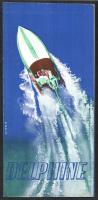 Sinkó Károly (1910-1967): "Delphine" motorcsónak (Csonka János Gépgyár) prospektus terv, XX. sz. közepe körül. Színes nyomat, papír, jelzett a nyomaton, kihajtva: 34x24,5 cm