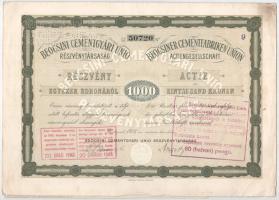 Budapest 1923. "Beocsini Cementgyári Unió Részvénytársaság" részvénye 1000K-ról (3x) sorsz...