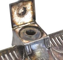 Szecessziós ezüstözött kalamáris, eredeti üvegbetéttel, kopással, 19x11 cm