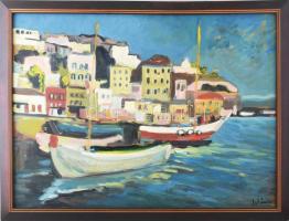 Schéner Mihály (1923-2009): Kikötő vitorlásokkal. Olaj, farost, jelezve jobbra lent. Fakeretben, 60×80 cm