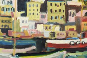 Schéner Mihály (1923-2009): Kikötő vitorlásokkal. Olaj, farost, jelezve jobbra lent. Fakeretben, 60×...