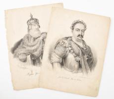 cca 1850 Jan Sobieski lengyel király és Kieystut litván nagyfejedelem litografált portréja. /  cca 1850 Lithographed portrait of Polish King Jan Sobieski and Lithuanian Grand Duke Kieystut.20x26 cm