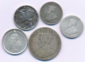 Vegyes: 5db klf kis Ag érme, közte Svájc 1964. 1/2Fr Ag + Amerikai Egyesült Államok 1944. 1d (10c) Ag Mercury T:AU-F Mixed: 5pcs of diff small Ag coins, with Switzerland 1964. 1/2 Francs Ag + USA 1944. 1 Dime (10 Cents) Ag Mercury C:AU-F