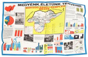 1971 Megyénk, életünk, terveink - Borsod-Abaúj-Zemplén megye. Nagyméretű térkép, gazdasági és társadalmi adatokkal, statisztikákkal. Bp., Kossuth (Kartográfiai Vállalat). Jó állapotban, 97x67 cm