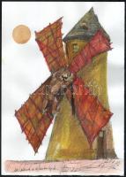 ZéKovács József (Zé Kovács Jozsef, 1951-): Don Quichote a szélmalom lapáton, 2021. Akvarell, tus, papír, jelzett, 35×25 cm