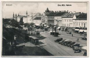 1930 Arad, Bul. Reg. Maria / Mária királyné körút, automobilok, városi vasút, vonat, Mattuschek, Printz és Hilbert, Simeon Schwarz üzlete / street view, automobiles, urban railway, train, shops. photo (fl)