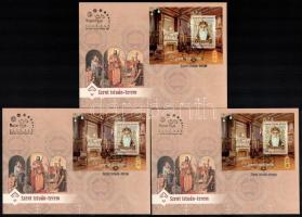 2023 3 db Szent István-terem blokk, piros-zöld-fekete azonos 01130 sorszámmal 3 db FDC-n
