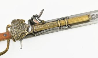 XVIII. századi francia tőr-pisztoly replika. Kovás pisztollyal kombinált tőr, h: 64 cm