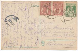 1922 Beszterce, Bistritz, Bistrita; Kórház utca, felvonulás, üzletek. Hausmann Bella kiadása / stree...